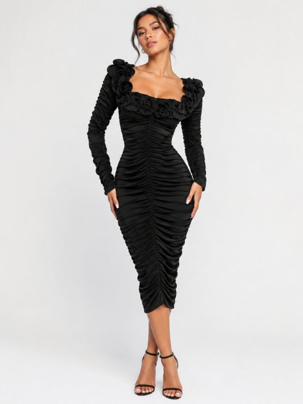 Amable by Magie Black Ruched Rosette Bodycon Midi Dress Size L
